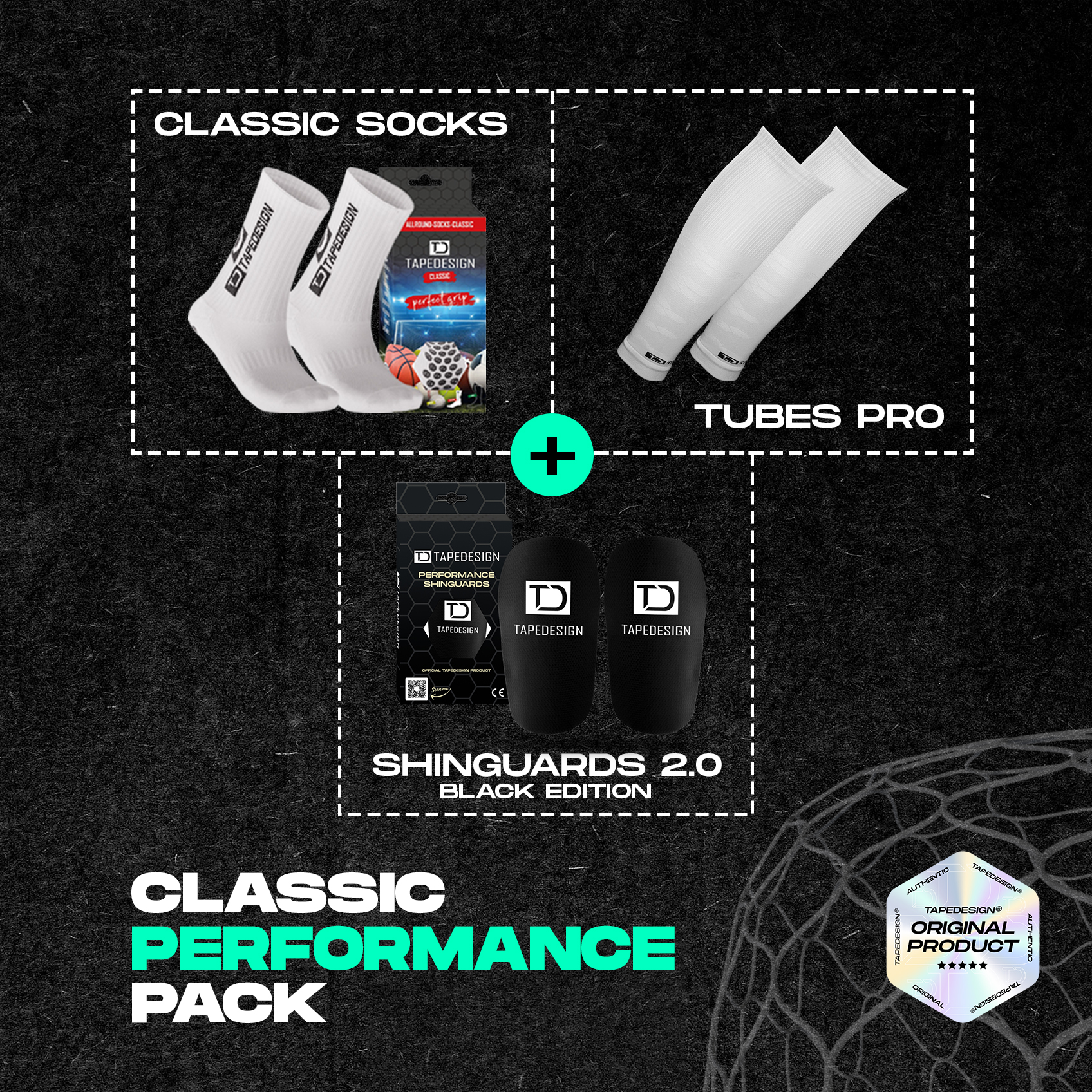 TAPEDESIGN® – Performance Pack (Tubes <b>PRO</b>, Shinguards 2.0 Black, Classic Socks)